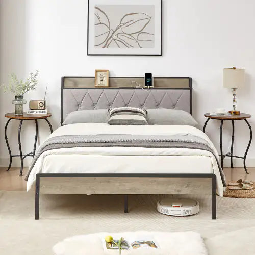 Full Size Charging Bed Frame in Grey