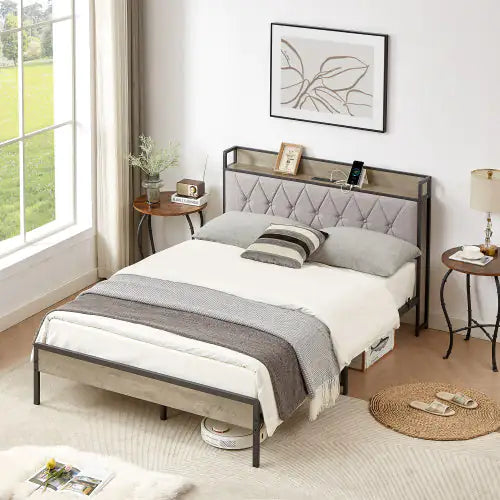 Full Size Charging Bed Frame in Grey