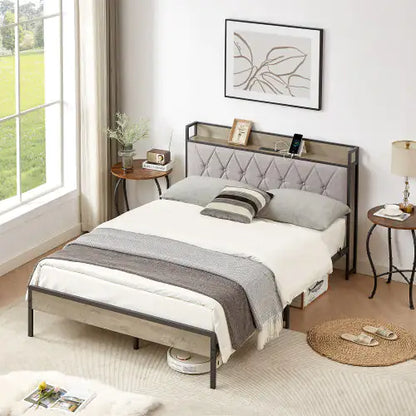 Full Size Charging Bed Frame in Grey