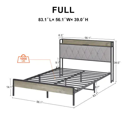 Full Size Charging Bed Frame in Grey