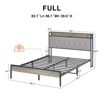Full Size Charging Bed Frame in Grey