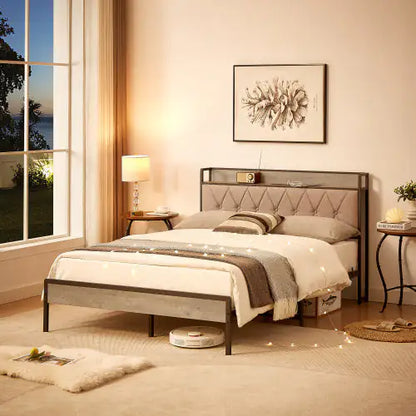Full Size Charging Bed Frame in Grey